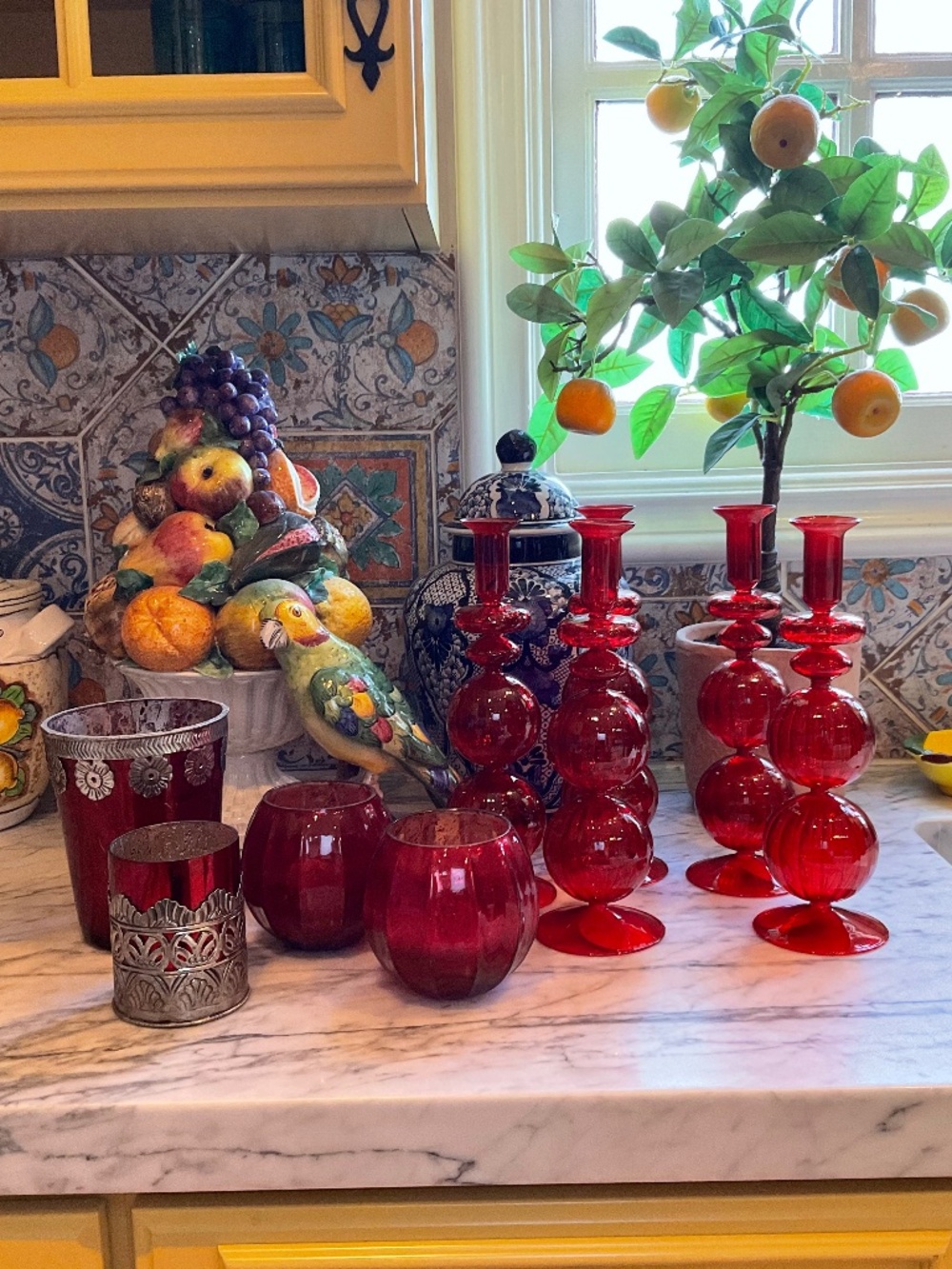 Set of lovely gathered red glass candlesticks, votive holders and vases